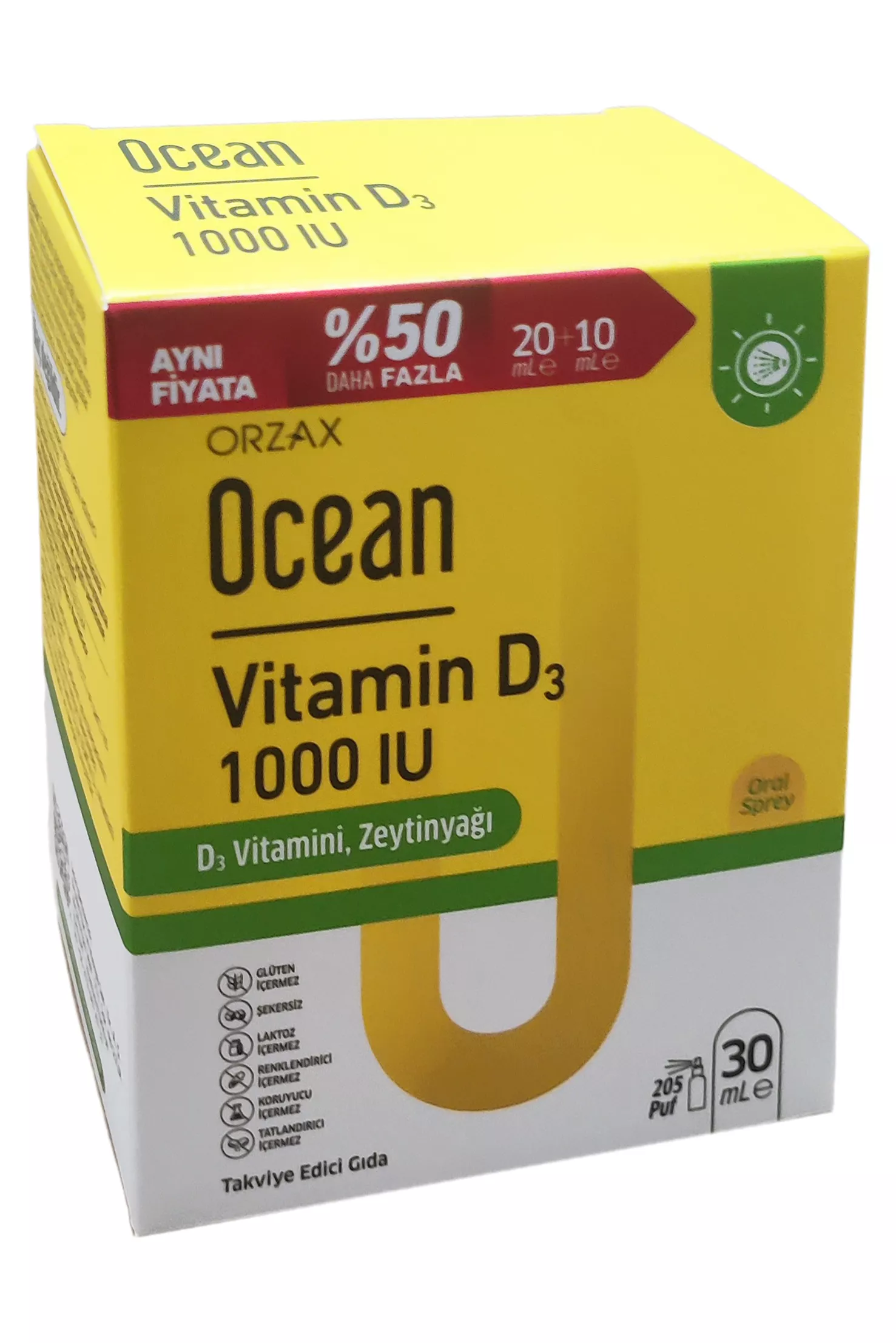 Ocean Vitamin D3 Sprey 1000 IU 20 ml + 10 ml - %50 Daha Fazla