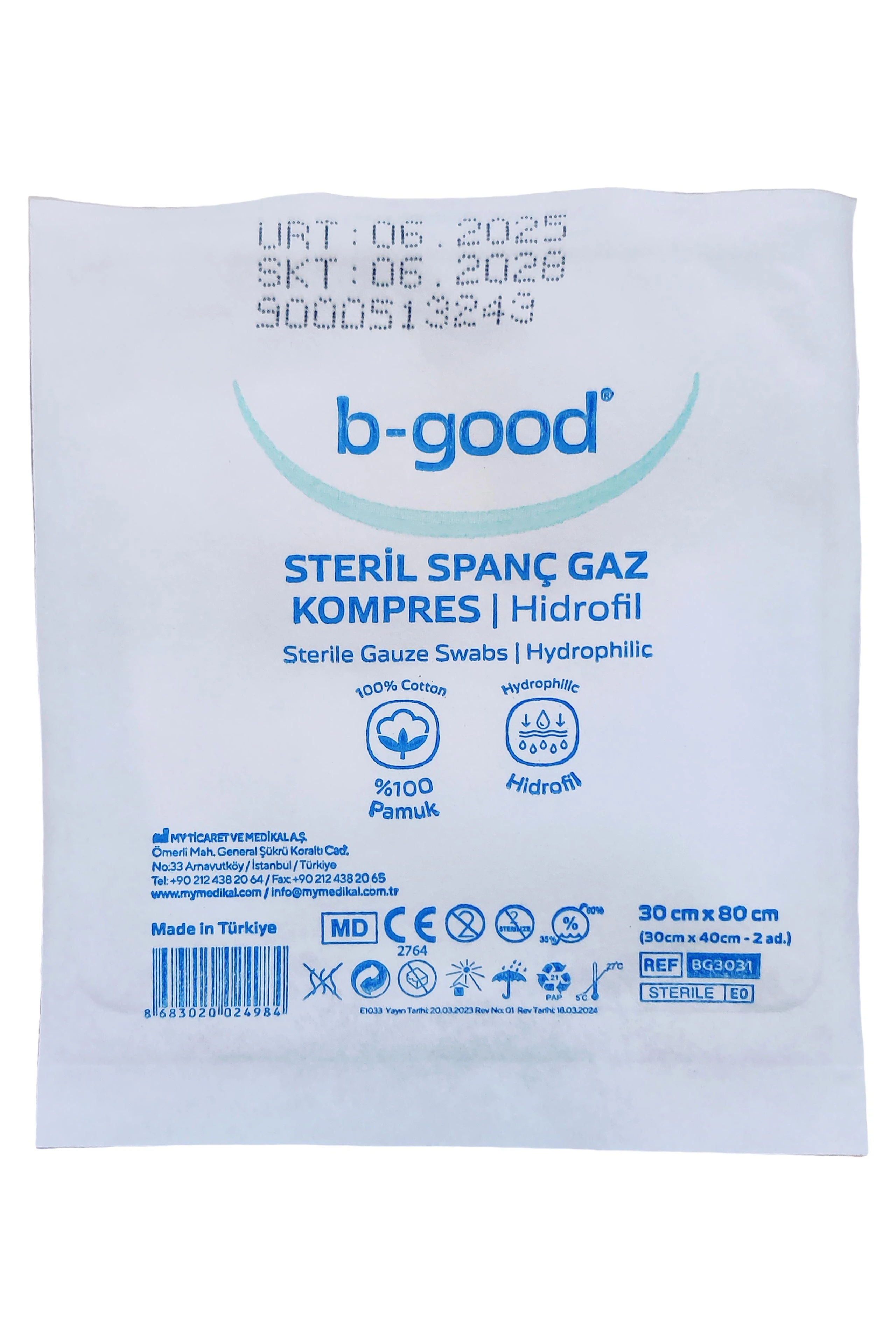 B-Good Steril Spanç gaz kompres hidrofil  30x80 cm